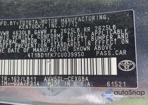 2012 Toyota Camry Xle из США, поврежденный, VIN 4T1BD1FK7CU039950